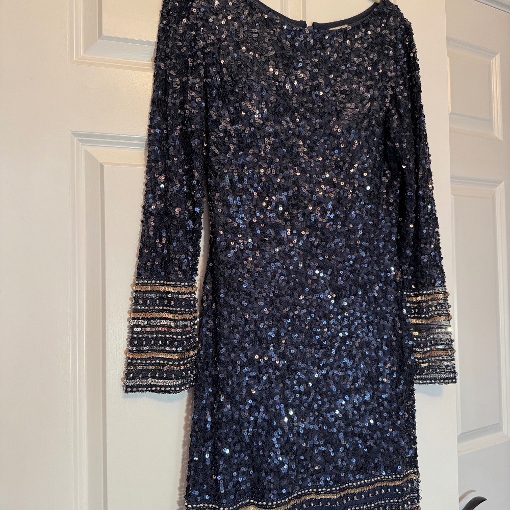Scala Navy Sequin Mini Dress with Beaded Cuffs